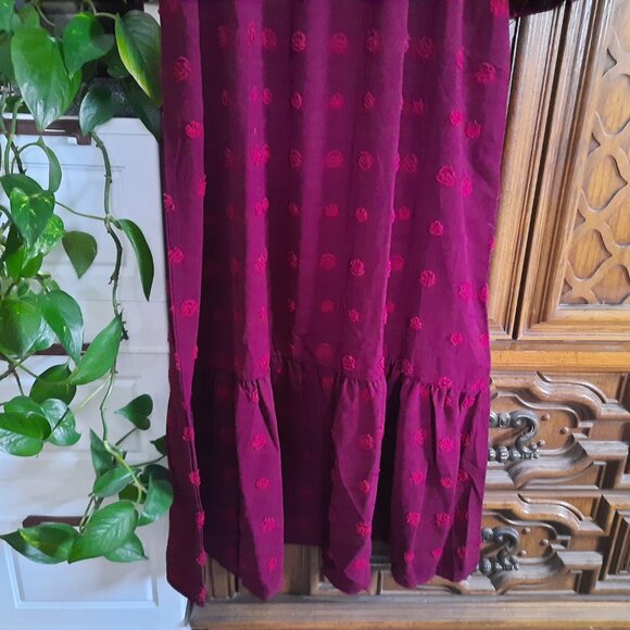 Button Down Smocked Swiss Dot Ruffle Tiered Boho Maxi Dress NWT! - Wine/Red, S - Picture 6 of 16